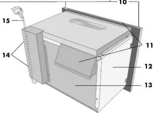 Technical diagram of a mechanical device with numbered components labeled 10 through 15