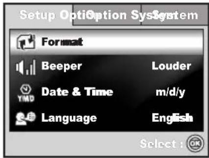 Setup Option System Format Beeper Louder Date & Time m/d/y Language English Select: OK