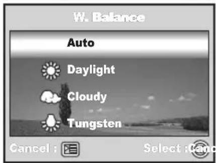 White Balance: Auto, Daylight, Cloudy, Tungsten. Cancel: Select: Cancel.