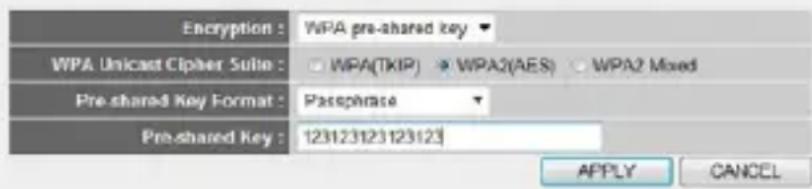 Encryption : WPA pre-shared key WPA Unicast Cipher Suite : □ WPA(TKIP) ➕ WPA2(AES) ▶ WPA2 Mixed Pre-shared Key Format : Passphrase Pre-shared Key : 123123123123123 APPLY CANCEL