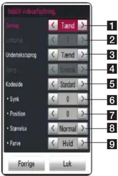Indstill videoafspilning Gamlag Tænd Lydssplog 1 Undertekstsprcg Tænd Spring Korensik Kodeside Standard • Synk 0 • Position 0 • Størrelse Normal • Farve Hvid Forrige Luk 1 2 3 4 5 6 7 8 9