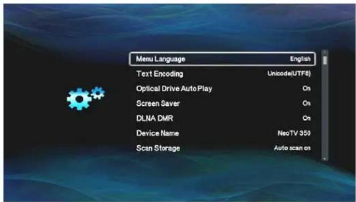 Menu Language English Text Encoding Unicode(UTF8) Optical Drive Auto Play On Screen Saver On DLNA DMR On Device Name NeoTV 350 Scan Storage Auto scan on