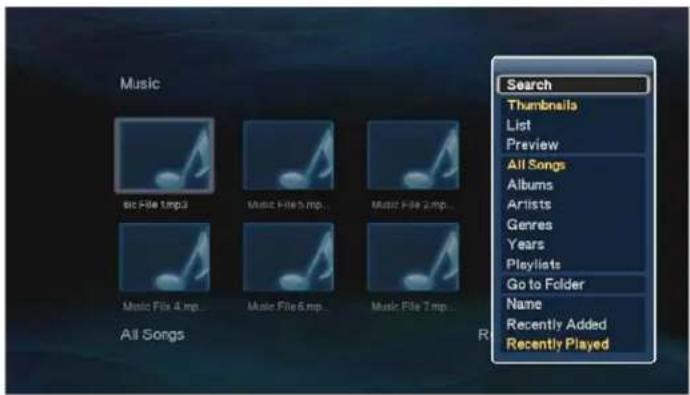 Music ac File 1.mp3 Music File 5.mp... Music File 2.mp... Music File 4.mp... Music File 6.mp... Music File 7.mp... All Songs Search Thumbnails List Preview All Songs Albums Artists Genres Years Playlists Go to Folder Name Recently Added Recently Played