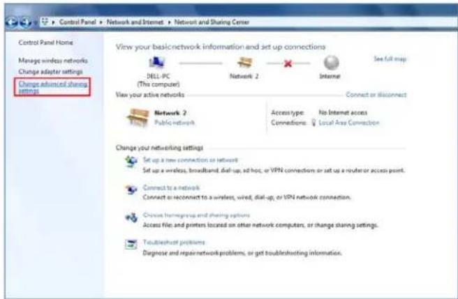 Control Panel Home Manage wireless networks Change adapter settings Change Advanced sharing Settings View your basic network information and set up connections DELL-PC (The computer) Network 2 Internal See full map View your active networks Connect or disconnect Network 2 Public network Access type: No Internet access Connections: Local Area Connection Change your networking settings Set up a free connection or network Set up a wireless, broadband, dial-up, ad hoc, or VPN connection or set up a router or access point. Connect to a network Connect to reconnect to a wireless, wired, dial-up, or VPN network connection. Choose homegroup and sharing options Access file and printers located on other network computers, or change sharing settings. Troubleshoot problems Diagnose and repair network problems, or get trouble/shooting information.