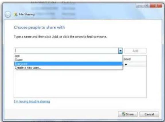 File Sharing Choose people to share with Type a name and then click Add, or click the arrow to find someone. Add del Guest Everyone Create a new user... Level I'm having trouble sharing Share Cancel