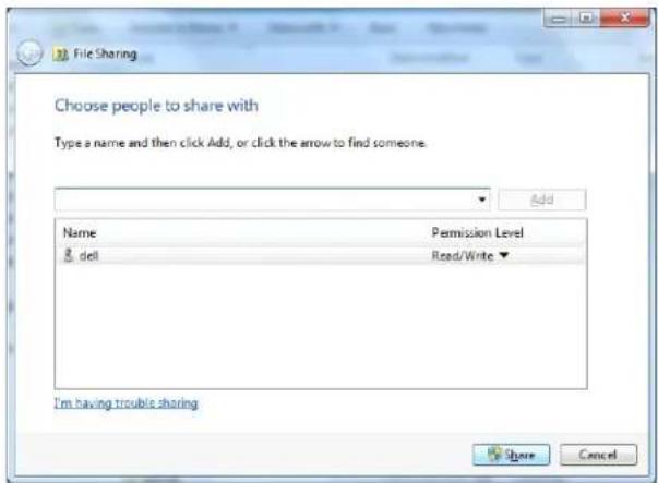 File Sharing Choose people to share with Type a name and then click Add, or click the arrow to find someone. Add Name Permission Level del Read/Write▼ I'm having trouble sharing Share Cancel