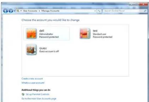 Choose the account you would like to change dell Administrator Password protected test Standard user Password protected Guest Guest account is off Create a new account What's a user account! Additional things you can do Set up Parental Controls Go to the mail User Accounts page