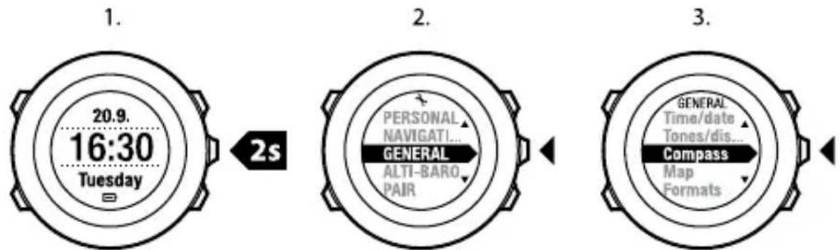 1. 20.9. 16:30 Tuesday 2s 2. PERSONAL NAVIGATI... GENERAL ALTI-BARO, PAIR 3. GENERAL Time/date Tones/dis... Compass Map Formats