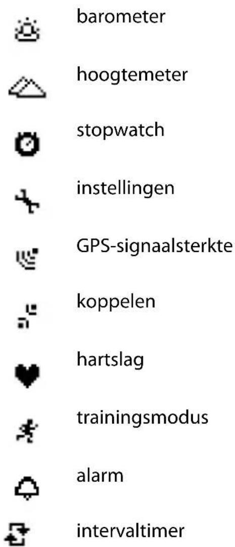 barometer hoogtemeter stopwatch instellingen GPS-signaalsterkte koppelen hartslag trainingsmodus alarm intervaltimer