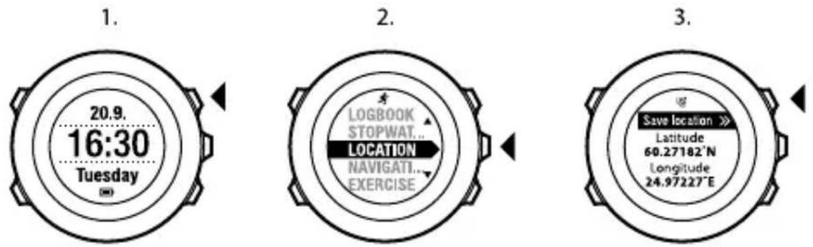 1. 20.9. 16:30 Tuesday 2. LOGBOOK STOPWAT... LOCATION NAVIGATI... EXERCISE 3. Save location >> Latitude 60.27182°N Longitude 24.97227°E