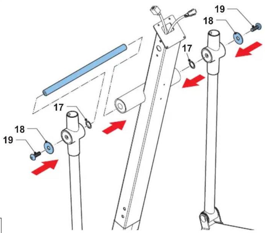 Technical diagram showing mechanical assembly with numbered components and red directional arrows indicating motion or movement.