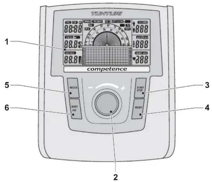 TUNTURI TYPE STEP 88:88 MAX BUN SPECT RATE 88.8 H DISTANCE 88.8 °C COMPETENCE 1 2 3 4 5 6 BODY FAT START STOP RESET
