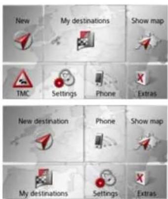New My destinations Show map TMC Settings Phone Extras New destination Phone Show map My destinations Settings Extras