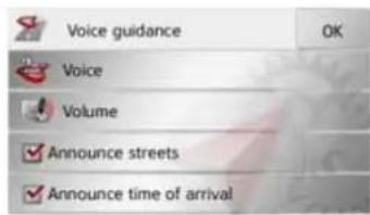 Voice guidance OK Voice Volume Announce streets Announce time of arrival