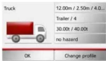 Truck 12.00m / 2.50m / 4.0... Trailer / 4 30.00t / 40.00t no hazard OK Change profile