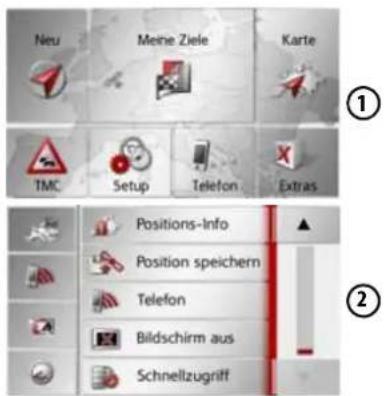 Neu Meine Ziele Karte TMC Setup Telefon Extras Positions-Info Position speichern Telefon Bildschirm aus Schnellzugriff