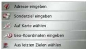 Adresse eingeben Sonderziel eingeben Auf Karte wählen Geo-Koordinaten eingeben Aus letzten Zielen wählen