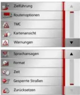 Zielführung Routenoptionen TMC Kartenansicht Warnungen Sprachansagen Format Zeit Gesperrte Straßen Zurücksetzen