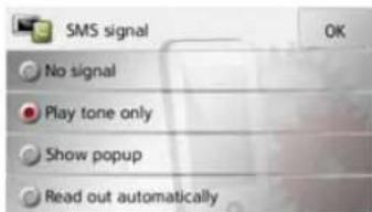 SMS signal No signal Play tone only Show popup Read out automatically
