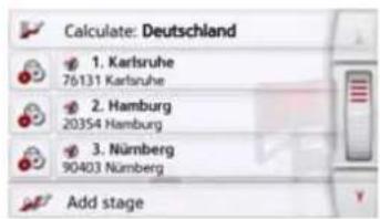 Calculate: Deutschland 1. Karlsruhe 76131 Karlsruhe 2. Hamburg 20354 Hamburg 3. Nürnberg 90403 Nürnberg Add stage