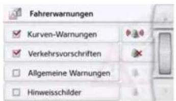 Fahrerwarnungen ✓ Kurven-Warmungen ✓ Verkehrsvorschriften □ Allgemeine Warnungen □ Hinweisschilder