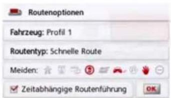 Routenoptionen Fahrzeug: Profil 1 Routentyp: Schnelle Route Meiden: Zeitabhängige Routenführung OK