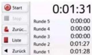Start Stop Zurück... Liste Zurück 0:01:31 Runde 5 0:00:00 Runde 4 0:00:00 Runde 3 0:00:00 Runde 2 0:01:27 Runde 1 0:01:28