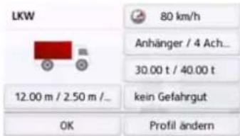 LKW 80 km/h Anhänger / 4 Ach... 30.00 t / 40.00 t 12.00 m / 2.50 m /_ kein Gefahrgut OK Profil ändern