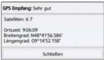 GPS Empfang: Sehr gut Satelliten: 6 7 Ortszeit: 9:06:09 Breitengrad: N48°41'56.586" Längengrad: 09°14'52.158" Schließen