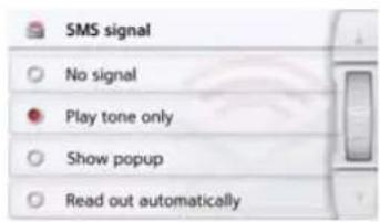 SMS signal No signal Play tone only Show popup Read out automatically