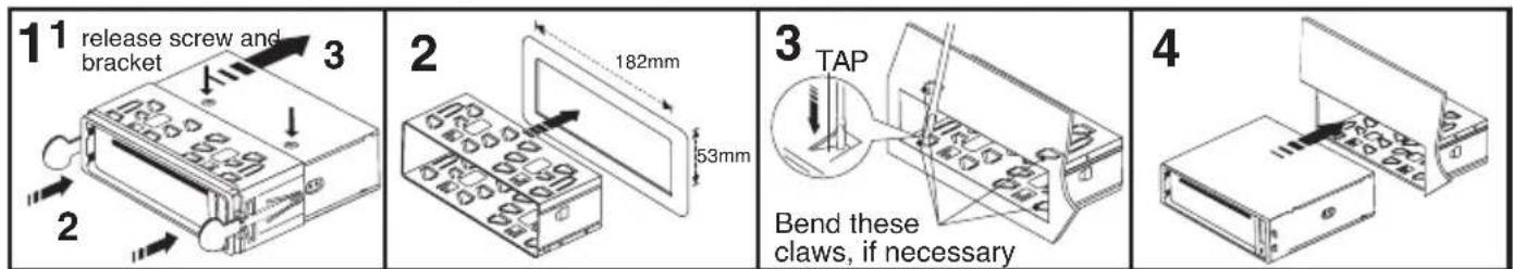 1 release screw and bracket 2 3 182mm 53mm 2 3 TAP Bend these claws, if necessary 4