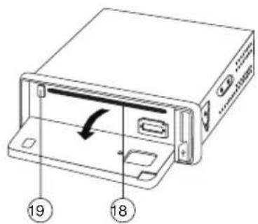 Diagram of an electronic device showing labeled ports and a directional arrow indicating movement or flow.