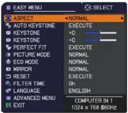 EASY MENU ASPECT AUTO KEYSTONE KEYSTONE KEYSTONE PERFECT FIT PICTURE MODE ECO MODE MIRROR RESET FILTER TIME LANGUAGE ADVANCED MENU EXIT NORMAL EXECUTE +0 +0 EXECUTE NORMAL NORMAL NORMAL EXECUTE Oh ENGLISH COMPUTER IN 1 1024 x 768 @60Hz