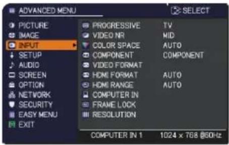 ADVANCED MENU PICTURE IMAGE INPUT SETUP AUDIO SCREEN OPTION NETWORK SECURITY EASY MENU EXIT PROGRESSIVE TV VIDEO NR MID COLOR SPACE AUTO COMPONENT COMPONENT VIDEO FORMAT HOME FORMAT AUTO HOME RANGE AUTO COMPUTER IN FRAME LOCK RESOLUTION COMPUTER IN 1 1024 x 768 @60Hz