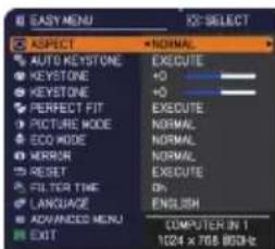 EASY MENU ASPECT AUTO KEYSTONE KEYSTONE KEYSTONE PERFECT FIT PICTURE MODE ECO MODE MERROR RESET FILTER TIME LANGUAGE ADVANCED MENU EXIT EXCEPT NORMAL EXECUTE +0 +0 EXECUTE NORMAL NORMAL EXECUTE Dn ENGLISH COMPUTER IN 1 1024 x 766 BIOS