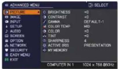 ADVANCED MENU PICTURE IMAGE INPUT SETUP AUDIO SCREEN OPTION NETWORK SECURITY EASY MENU EXIT BRIGHTNESS +0 CONTRAST +0 GAVNA DEFAULT-1 COLOR TEMP MID COLOR +0 TINT +0 SHARPNESS 4 ACTIVE IRIS PRESENTATION MY MEMORY COMPUTER IN 1 1024 x 768.860Hz