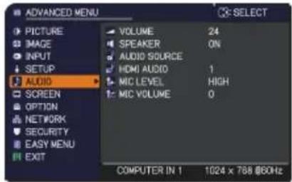 ADVANCED MENU PICTURE IMAGE INPUT SETUP AUDIO SCREEN OPTION NETWORK SECURITY EASY MENU EXIT VOLUME 24 SPEAKER ON AUDIO SOURCE HDMI AUDIO 1 MIC LEVEL HIGH MIC VOLUME 0 COMPUTER IN 1 1024 x 768 @60Hz