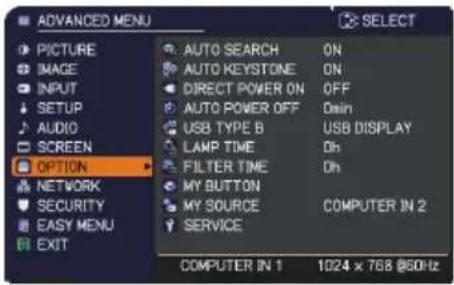 ADVANCED MENU PICTURE IMAGE INPUT SETUP AUDIO SCREEN OPTION NETWORK SECURITY EASY MENU EXIT AUTO SEARCH ON AUTO KEYSTONE ON DIRECT POWER ON OFF AUTO POWER OFF Dmin USB TYPE B USB DISPLAY LAMP TIME Dh FILTER TIME Dh MY BUTTON MY SOURCE COMPUTER IN 2 SERVICE COMPUTER IN 1 1324 x 768 @50Hz