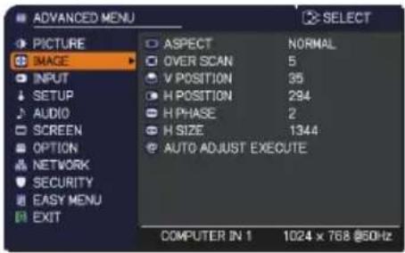ADVANCED MENU PICTURE IMAGE INPUT SETUP AUDIO SCREEN OPTION NETWORK SECURITY EASY MENU EXIT ASPECT NORMAL OVER SCAN 5 V POSITION 35 H POSITION 294 H PHASE 2 H SIZE 1344 AUTO ADJUST EXECUTE COMPUTER IN 1 1024 x 768 @50Hz