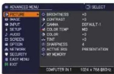 ADVANCED MENU PICTURE IMAGE INPUT SETUP AUDIO SCREEN OPTION NETWORK SECURITY EASY MENU EXIT BRIGHTNESS +0 CONTRAST +0 CANNA DEFAULT-1 COLOR TEMP MID COLOR +0 TINT +0 SHARPNESS 4 ACTIVE BIOS PRESENTATION MY MEMORY COMPUTER IN 1 1024 x 768 @63-t2 SELECT