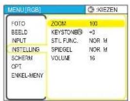 MENU(RGB) FOTO BEELD INPUT INTELLING SCHERM OPT ENKEL-MENY ZOOM 100 KEystoneB STL FUNC. NOR M SPIEGEL NOR M VOLUME 16 KIEZEN