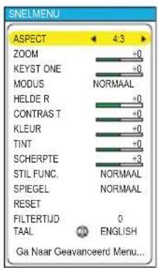 SNELMENU ASPECT 4:3 ZOOM +0 KEYST ONE +0 MODUS NORMAAL HELDE R +0 CONTRAS T +0 KLEUR +0 TINT +0 SCHERPTE +3 STIL FUNC. NORMAAL SPIEGEL NORMAAL RESET FILTERTIJD 0 TAAL ENGLISH Ga Naar Geavanceerd Menu...