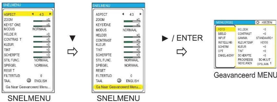 SNELMENU ASPECT 4:3 ZOOM +0 KEYST ONE +0 MODUS NORMAAL HELDE R +0 CONTRAS T +0 KLEUR +0 TINT +0 SCHERPTE +3 STIL FUNC. NORMAAL SPIEGEL NORMAAL RESET T FILTERTIJD 0 TAAL ENGLISH Ga Naar Geavanceerd Menu... SNELMENU ASPECT 4:3 ZOOM +0 KEYSTONE +0 MODUS NORMAAL HELDER +0 CONTRAST +0 KLEUR +0 TINT +0 SCHERPTE +3 STIL FUNC. NORMAAL SPIEGEL NORMAAL RESET FILTERTIJD 0 TAAL ENGLISH Ga Naar Geavanceerd Menu... ► / ENTER MENU [RGB] KIEZEN FOTO HELDER -0 BEELD CONTRAST -0 INPUT GAMMA STANDAARD1 INSTEELING KLEURTEMP HOOG SCHERM KLEUR -0 OPT TINT -0 ENKEL-MENY SCHERPTE +0 PROGRESSI SCHKUIT GEHEUGEN OPSLAAN 1 Geavanceerd MENU