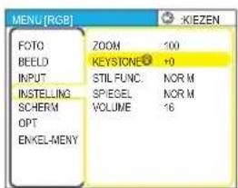 MENU [RGB] FOTO BEELD INPUT INSTEING SICHERM OPT ENKEL-MENY ZOOM KEYSTONE STIL FUNC. SPIEGEL VOLUME 100 NOR M NOR M 16 KIEZEN