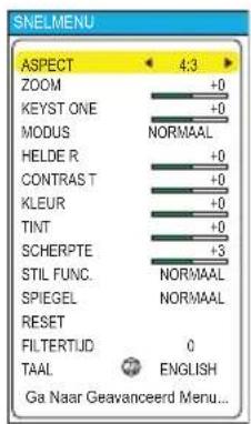 SNELMENU ASPECT 4:3 ZOOM +0 KEYST ONE +0 MODUS NORMAAL HELDE R +0 CONTRAS T +0 KLEUR +0 TINT +0 SCHERPTE +3 STIL FUNC. NORMAAL SPIEGEL NORMAAL RESET FILTERTUD 0 TAAL ENGLISH Ga Naar Geavanceerd Menu...