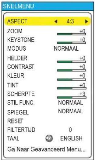 SNELMENU ASPECT 4:3 ZOOM +0 KEYSTONE +0 MODUS NORMAAL HELDER +0 CONTRAST +0 KLEUR +0 TINT +0 SCHERPTE +3 STIL FUNC. NORMAAL SPIEGEL NORMAAL RESET FILTERTIJD 0 TAAL ENGLISH Ga Naar Geavanceerd Menu...