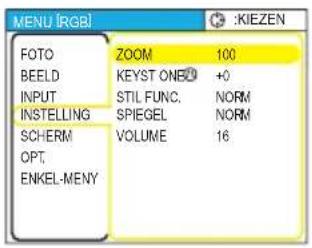 MENU [RGB] FOTO BEELD INPUT INSTEILLING SICHERM OPT. ENKEL-MENY ZOOM 100 KEYST ONE® +0 STIL FUNC. NORM SPIEGEL NORM VOLUME 16