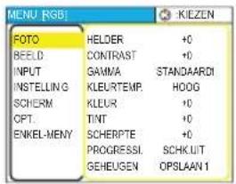 MENU RGB FOTO HELDER +0 BEELD CONTRAST +0 INPUT GAMMA STANDAARDI INSTELLING KLEURTEMP.HOOG SCHERM KLEUR +0 OPT TINT +0 ENKEL-MENY SCHERPTE +0 PROGRESSI.SCHKUIT GEHEUGEN OPSLAA1
