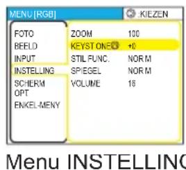 MENU [RGB] FOTO BEFLD INPUT INSTELLING SCHERM OPT ENKEL-MENY ZOOM KEYSTONE STIL FUNC. SPIEGEL VOLUME 100 +0 NORM NORM 16 KIEZEN Menu INSTELLING