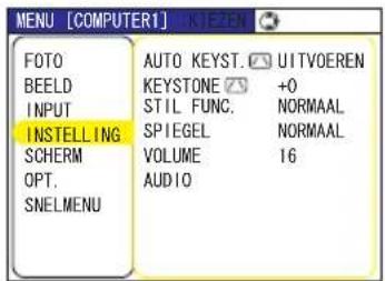 MENU [COMPUTER1] FOTO BEELD INPUT INSTALLING SCHERM OPT. SNELMENU AUTO KEYST. ⚪ UITVOEREN KEYSTONE ✉ +0 STIL FUNC. NORMAAL SPIEGEL NORMAAL VOLUME 16 AUDIO